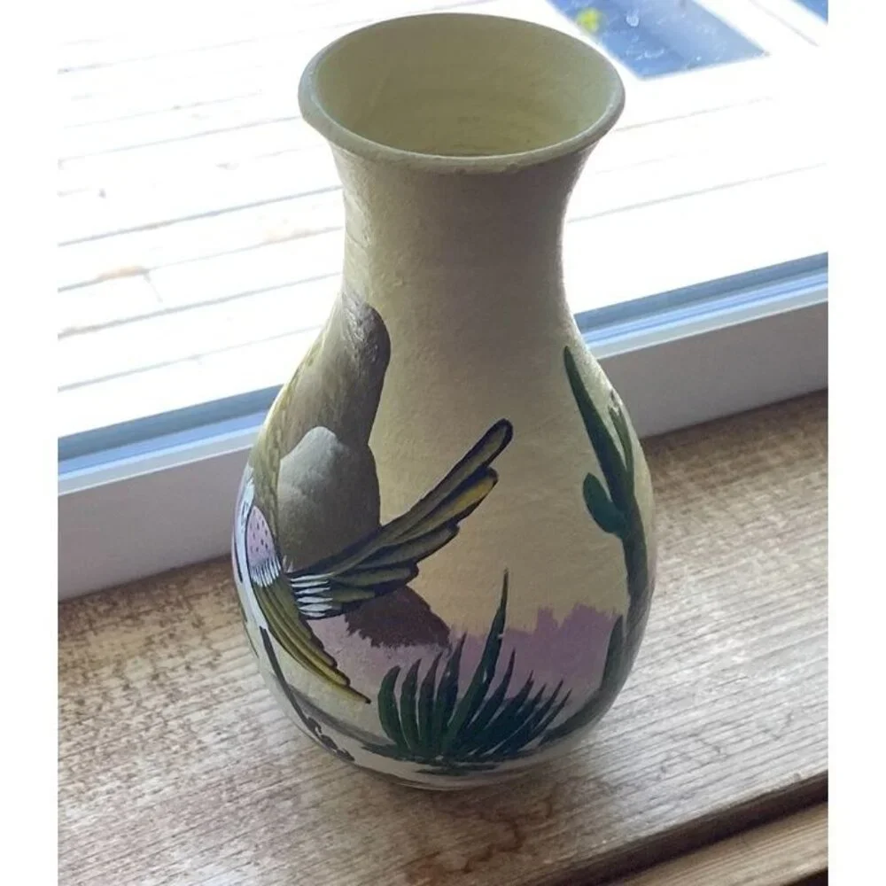 2007 Southwestern Roadrunner Cactus Painted Yellow Vase Signed